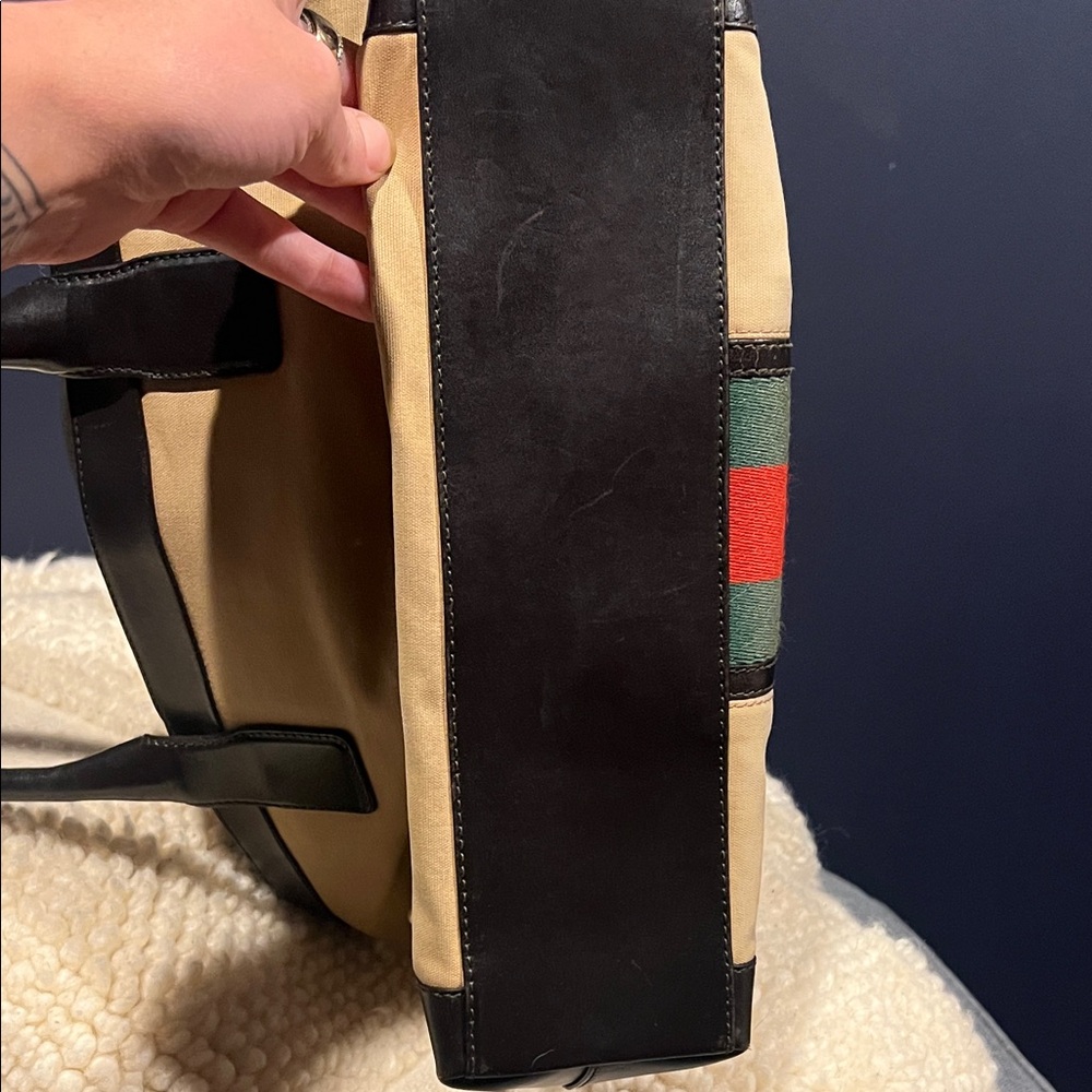 Authentic Vintage Gucci Sherry Line Canvas Tan Tote with Black leather Accents - Picture 12 of 15